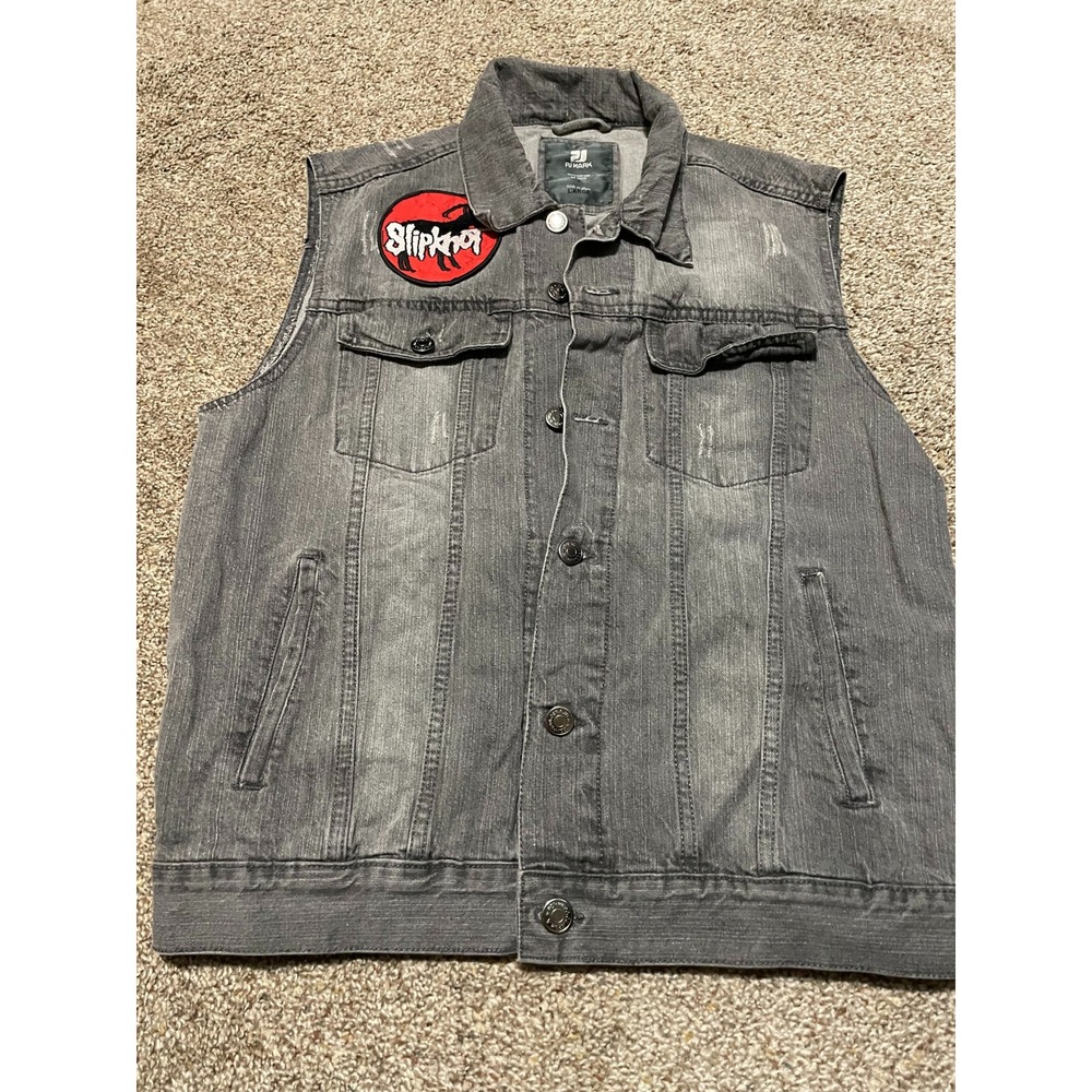 PJ Mark Mens Grey Denim Vest Slipknot Patch Distressed Trucker Jacket Large